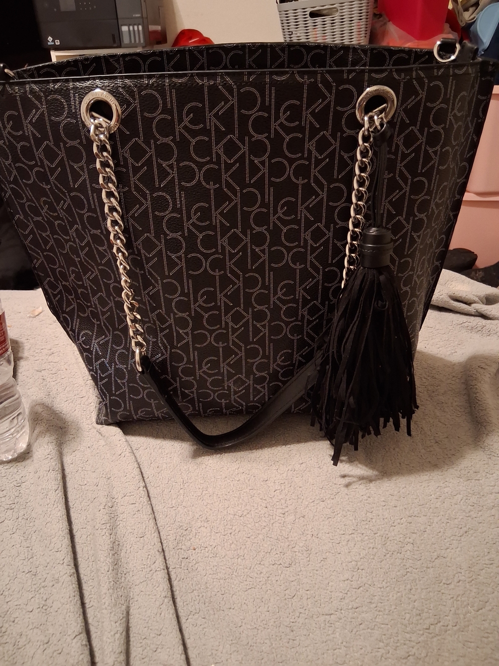 Calvin Klein Black Logo Chain Tote with Tassel
